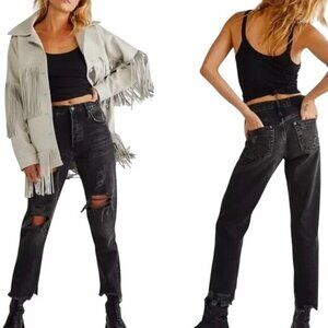Free People Maggie Black Straight Leg Distressed Cropped Jeans